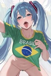 ai_generated blue_eyes blue_hair brazil brazilian_miku pointing_out_the_details pubic_hair t-shirt tounge_out