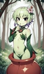 accurate_art_style ai_generated alraune bigmic145 breasts detached_sleeves female female_only flower flower_in_hair green_hair green_skin leaf leaf_clothing monster_girl navel netflix plant plant_girl plant_humanoid ramona_flowers scott_pilgrim scott_pilgrim_takes_off