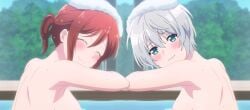 2girls bathing closed_eyes kikuchi_fuuka large_breasts looking_at_viewer medium_breasts red_hair short_hair sideboob silver_hair