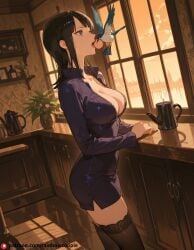 ai_generated beautfiul_background bird black_hair cleavage coffee_house dim_candlelight dress fellatio large_breasts laughing nico_robin peach penguin stunning_backgroud thighhighs zettai_ryouiki