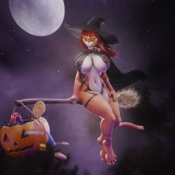 1:1 2024 3d_(artwork) absurd_res anthro ashley_(mutagen) big_breasts black_cape black_clothing breasts broom broom_riding brown_body candy cape caracal caracal_(genus) cleaning_tool clothed clothing dessert digital_media_(artwork) felid feline female food hair halloween hat headgear headwear hi_res holidays imrs_21 lollipop long_hair magic_user mammal moon multicolored_body night orange_eyes red_hair skimpy solo tail two_tone_body white_body witch witch_hat