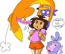 1boy 1girls animal_genitalia anthro big_penis boots_the_monkey dick dora_marquez dora_the_explorer female fox male minus8 nick_jr nickelodeon red_penis surprised swiper text