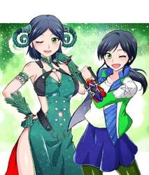 2girls black_hair cheongsam gloves green_eyes hammy_(kyuranger) juuken_sentai_gekiranger long_hair mele_(juken_sentai_gekiranger) multiple_girls pointy_chin super_sentai uchu_sentai_kyuranger uniform yuka_hirata