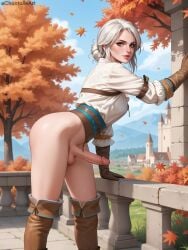 ai_generated ass cd_projekt_red chantalle ciri female futanari green_eyes light-skinned_female looking_at_viewer mascara penis scar testicles the_witcher_(series) the_witcher_3:_wild_hunt white_hair