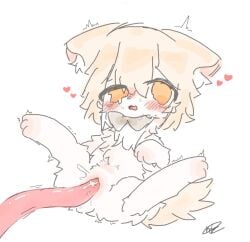 blonde_hair bowtie cub cute feral heart paws pussy_juice questionable_consent simple_background smaller_penetrated tears tentacle white_background white_fur yellow_eyes