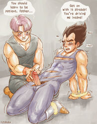 2boys blush boner cum dragon_ball dragon_ball_z erection father_and_son full_body gay incest male male_only multiple_boys muscle penis penis_grab purple_hair restrained rutobuka sweat teasing text torn_clothes trunks_briefs vegeta yaoi