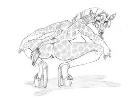 2017 anthro ass breasts collar crouching ear_piercing female giraffe greyscale kelly_krane looking_at_viewer looking_back mammal monochrome nude piercing platform_shoes pussy rear_view sideboob simple_background solo spots spread_legs spreading tail_tuft tongue tongue_out tuft wolfkidd