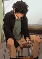 1boy boner censored classroom desk erection foreskin male male_only marototori masturbation pants_around_ankles penis school school_uniform sitting solo solo_male student testicles