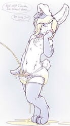 addickted anthro blush clothing collar diaper diaper_pull diaper_sharing embarrassed hair lagomorph leaking_diaper leggings legwear male mammal peeing penis rabbit simple_background solo urine watersports wet_diaper