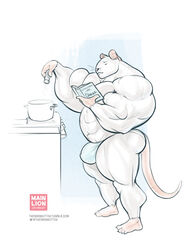 2016 abs anthro balls big_balls big_bulge big_penis book bulge closed_eyes clothed clothing cooking flaccid hyper hyper_muscles kitchen mainlion male male_only mammal mouse musclegut muscular muscular_male partially_clothed pecs penis penis_shaped_bulge rodent simple_background solo thick_thighs underwear