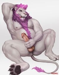 2017 4_toes anthro balls beard beige_penis belly biceps black_pawpads body_hair chest_hair claws cum cum_drip cum_on_hand cum_on_penis dripping erection facial_hair feline foreskin hair hairy hand_behind_head hand_on_penis happy_trail humanoid_penis invalid_tag lion long_hair long_tail looking_at_viewer male male_only mammal masturbation muscular muscular_male nipples nude open_mouth pawpads pecs penile_masturbation penis pink_nose pink_tongue pose pubes purple_eyes purple_hair signature simple_background sitting solo spread_legs spreading stroking tail_tuft thick_thighs toe_claws toes tongue tongue_out treeborkd tuft uncut vein veiny_penis whiskers white_background white_skin white_tail