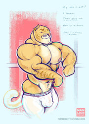 2016 abs anthro areola ass balls closed_eyes clothed clothing dialogue english_text feline flaccid hybrid hyper hyper_muscles leggings legwear liger lion mainlion male male_only mammal markings muscular muscular_male nipples offscreen_character partially_clothed pecs penis penis_shaped_bulge pubes simple_background skimpy text tiger