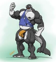 balls beverage biceps big_muscles bulge cetacean chestnuts_(artist) clothing darwen eyewear flexing glasses jockstrap male male_only mammal marine musclegut muscular muscular_male navel nipples open_mouth orca pecs peeping shirt smile solo standing tank_top teeth torn_clothing underwear whale