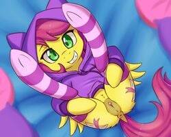 2017 anus ass clitoris clothed clothing cutie_mark dock equine fan_character fearingfun female feral green_eyes grin hair hi_res hoodie legwear looking_at_viewer lying mammal my_little_pony on_back pegasus pillow pussy smile solo striped_legwear stripes wings