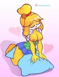 animal_crossing anthro breasts canine clothed clothing female grinding isabelle_(animal_crossing) mammal nintendo nipples open_mouth pstash simple_background solo video_games vincios white_background