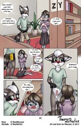 2017 anthro balls blush bottomless clothed clothing comic english_text erection eyewear female glasses hair humanoid_penis kneeling library male mammal mancoin mouse navel nerd penis public raccoon rave_raccoon rodent school shirt skirt straight teenager text twintails underwear undressing young