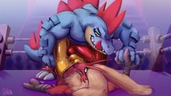 alligator avian bird blaziken chicken crocodilian excited feraligatr fight_ring lapatte loud_squawking_from_lockerroom_after male_only nintendo pokemon pokemon_(species) reptile scalie size_difference video_games wrastling