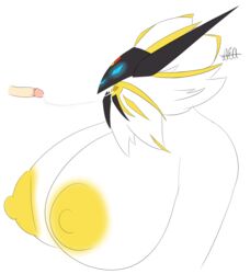 after_oral anthro big_breasts blue_eyes breasts cum cum_in_mouth darkelfaqua dusk_mane_necrozma feline female furry glowing_eyes huge_breasts human hybrid interspecies lion looking_at_viewer male_human/female_anthro male_human/female_pokemon necrozma nintendo oral penis pokemon pokemon_sm pokemon_usm solgaleo text topless video_games white_background white_fur