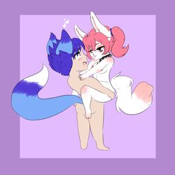 anthro blue_eyes blue_fur blue_hair blush breasts cabbit canine collar cornflower feline fennec fox fur furry hair humanoid hybrid lagomorph mammal nipples nude pink_fur pink_hair rabbit white_fur