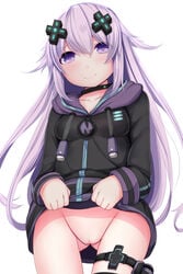 adult_neptune black_legwear blush breasts censored d-pad daiaru female hair_ornament highres hood jacket long_hair looking_at_viewer neptunia_(series) no_panties purple_eyes purple_hair pussy shirt skirt skirt_lift smile solo track_jacket