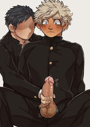 2boys blonde_hair blush boner clothed erection handjob male male_only marototori multiple_boys penis penis_grab school_uniform student sweat testicles undressing uniform yaoi