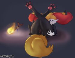 2017 anus braixen canine clothing coffeefly female fire fox gem mammal nintendo pokémon_(species) pokemon pokemon_(species) pussy simple_background solo stick video_games