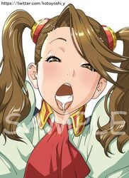 brown_eyes brown_hair cum facial female female gundam gundam_build_fighters gundam_build_fighters_try hair_ornament kotoyoshi_yumisuke long_hair looking_at_viewer open_mouth sazaki_kaoruko solo sweat twintails uniform watermark