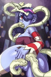 all_the_way_through alternate_breast_size anal ass big_breasts blue_skin breasts censored deepthroat fellatio female hair_over_one_eye highres large_breasts leviathan_(skullgirls) maniacpaint mosaic_censoring no_panties oral purple_hair red_eyes side_ponytail skullgirls spread_ass squigly stitched_mouth stitches vaginal_penetration