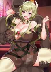 1boy 1girls accessory arm_around_neck armpits bare_arms bare_shoulders bare_thighs blonde_hair breast_grab breasts capelet censored church citrinne_(fire_emblem) cleavage collar collarbone deep_skin dress earrings feather_hair_ornament female female_focus fire_emblem fire_emblem_engage groping hair_ornament hourglass_figure imminent_sex imminent_vaginal indoors jewelry large_breasts male nez-box nintendo open_mouth partially_visible_vulva penis red_eyes short_hair shoulders solo_focus spread_legs standing standing_sex thick_thighs thighhighs thighs