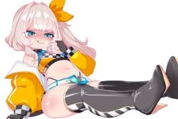 1girls arm_support belt black_boots black_gloves black_panties blue_eyes blue_gem blue_shorts blush boots brooch checkered_clothes checkered_footwear checkered_jacket clothes_writing commission eyes_visible_through_hair female fingerless_gloves gem gloves grey_hair hair_ribbon high_heel_boots high_heels highleg highleg_panties jacket jewelry kukuchi581 long_hair long_sleeves looking_at_viewer marimari_en midriff navel off-shoulder_jacket off_shoulder open_clothes open_jacket orange_jacket orange_ribbon orange_shirt panties panty_straps phase_connect pixiv_commission ponytail race_queen ribbon shirt short_shorts shorts side_ponytail sidelocks sitting sleeveless sleeveless_shirt smile thick_thighs thigh_boots thighs tongue tongue_out underwear v virtual_youtuber vtuber white_belt