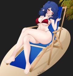 1girls :q ass barefoot beach_chair big_ass bikini blue_hair breasts commentary crossed_legs curvy dizzy_dokuro double_bun english_commentary fat_ass feet female hair_bun highres large_breasts leaf linea_alba long_hair nail_polish navel phase_connect pointy_ears red_bikini red_eyes sitting solo swimsuit thick thick_ass toenail_polish toenails tongue tongue_out twitter_username virtual_youtuber vtuber white_nails wriskelis