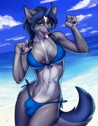 1futa anthro beach bikini breasts bulge canine clothing dickgirl futanari horn humanoid_penis intersex looking_at_viewer mammal nipple_bulge outside penis porin seaside smile solo swimsuit tongue tongue_out