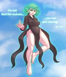 black_dress breasts clothed dialogue eyelashes feet floating front_view galaxeenu green_eyes green_hair looking_at_viewer middle_finger nipple_outline one-punch_man open_mouth slightly_chubby talking_to_viewer tan_skin tatsumaki text thick_thighs wide_hips