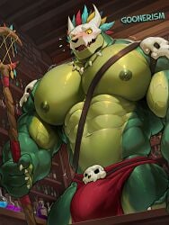 1boy abs ai_art ai_generated bara bara_tiddies bara_tits biceps big_bulge big_muscles big_pecs blush bone_necklace bulge bulge_under_clothes chest_strap clawed_fingers claws feathers gay goonerism green_body green_skin holding_object huge_muscles huge_pecs lihzahrd loincloth male muscle muscular muscular_male necklace nipples open_mouth patreon pecs scale scales scalie self_upload shop skull skull_head solo staff store straps sweatdrop terraria thick_thighs twitch_lines watermark witch_doctor_(terraria) yaoi yellow_sclera