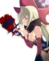 bare_shoulders bienfu_(tales) blonde_hair blush breasts brown_eyes detached_sleeves female fur hat long_hair magilou_(tales) midriff nipples open_mouth panties pointy_ears tales_of_(series) tales_of_berseria