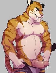 2017 anthro balls biceps brown_eyes brown_skin brown_stripes brown_tail clenched_teeth clothing dripping erection fangs feline front_view grey_background holding_object knot knuxlight long_tail looking_at_viewer male male_only mammal manly markings mesomorph multicolored_skin multicolored_tail muscular muscular_male nipples nude pecs penis pink_nose pink_penis pose precum saber-toothed_cat sharp_teeth simple_background solo striped_tail stripes teeth thick_thighs underwear underwear_down white_skin white_tail