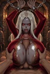 ai_generated areolae big_breasts boobjob chained cleavage dress dungeon emotionless exposed_breasts expressionless grey_body necrophilia paizuri paizuri_under_clothes rape revealing_clothes titties tittyfuck zombie_girl