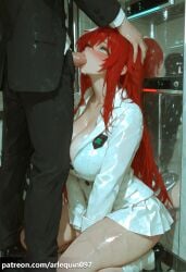 1boy ai_generated arlequin097 bangs black_footwear black_pants blue_eyes blush breasts censored cleavage fellatio female hair_between_eyes high_school_dxd jacket kneeling large_breasts long_hair long_sleeves looking_up miniskirt mosaic_censoring oral pants patreon_username penis pleated_skirt red_hair rias_gremory school_uniform shirt skirt socks solo_focus straight sweat thighs wet white_shirt white_skirt