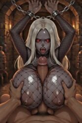 ai_generated areolae big_breasts boobjob chained cleavage dungeon emotionless exposed_breasts expressionless fishnets grey_body necrophilia paizuri paizuri_under_clothes rape revealing_clothes titties tittyfuck zombie_girl