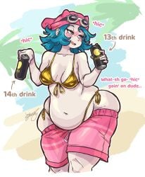 bikini blue_hair blush blush_lines drinking_pee drunk english english_dialogue english_text goggles goggles_on_head gold_bikini holding_can holding_object marnie_(sketchytodd) pink_beanie pink_shorts shorts_down simple_background sketchytodd