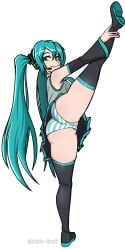 ass big_ass big_butt blue_eyes blue_hair dodo-bot exposed_panties eyelashes hatsune_miku holding_leg holding_leg_up holding_own_leg holding_own_leg_up looking_at_viewer panties pantsu pantyshot smile striped_panties tan_skin thick_thighs twintails upskirt vertical_splits vocaloid white_background wide_hips