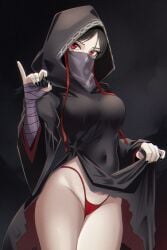black_nails burqa face_veil fate/strange_fake fate_(series) fellatio_gesture flashing hijab middle_eastern_female no_name_assassin_(fate) presenting red_thong tagme thong veil xkzan