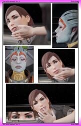 2girls 3d 3d_(artwork) 3d_model closed_eyes clothed clothed_female commander_shepard drool_on_face drool_on_hand drool_string drooling femshep jane_shepard kissing lips looking_at_viewer mass_effect meditating meditation pulling_away rotosama samara sleep_molestation sleep_sex sleeping spit spit_trail thinking