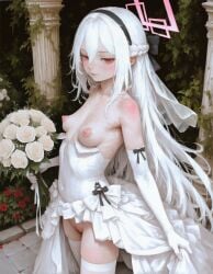 ai_art ai_generated aroused black_hairband blue_archive blush bowtie braid breasts_out bridal_veil cleft_of_venus closed_mouth clothes_grab crown_braid dress elbow_gloves fat_mons female frills from_above from_side hair_between_eyes hairbow hip_dips holding_bouquet kei_(blue_archive) looking_at_viewer no_panties perky_breasts photo_background pink_halo puffy_nipples red_eyes rinka5693 seductive_smile small_breasts solo thighhighs very_long_hair white_hair white_thighhighs zettai_ryouiki