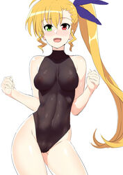 areolae blonde_hair blush breasts covered_navel female green_eyes groin heterochromia leotard long_hair looking_at_viewer lyrical_nanoha mahou_shoujo_lyrical_nanoha_strikers mahou_shoujo_lyrical_nanoha_vivid medium_breasts navel nipples open_mouth red_eyes see-through shin'ya_(shin'yanchi) simple_background smile solo triangle_heart vivio white_background