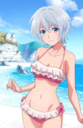 1girls bare_legs bare_shoulders beach bikini blue_eyes blushing cleavage collarbone kikuchi_fuuka looking_at_viewer medium_breasts short_hair silver_hair smiling standing