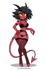 helluva_boss hellaverse vivziepop vivienne_medrano millie_(helluva_boss) ai_generated demon demon_girl demon_horns demon_tail red_skin red_skinned_female imp lingerie garter_straps garter_belt thighhighs thigh_highs