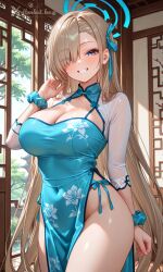 1female 1girls 2026 ai ai_art ai_assisted ai_generated anime anime_style aqua_eyes asuna_(blue_archive) bare_shoulders big_breasts blonde_hair blonde_hair_female blue_archive blue_cheongsam blue_eyes blue_halo blue_ribbon blush blushed_face blushing_female breasts cheongsam china_dress chinese_clothes cleavage curvy_hips cute cute_face detached_sleeves dress female female_focus female_only floral_print girl hair_between_eyes hair_ribbon halo hazelnut_bee hi_res high_resolution highleg highres hips human indoors large_breasts leg_focus long_hair looking_at_viewer revealing_clothes scrunchie sexy sexy_body sexy_outfit sheer_sleeves side_slit side_tie smile smile_at_viewer smiley_face solo solo_female solo_focus tagme thigh_focus traditional_clothes translucent_sleeves very_long_hair voluptuous voluptuous_body voluptuous_female watermar white_skin wide_hips window young young_female younger_female