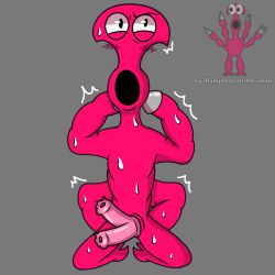 4_arms alien_genitalia angry_expression aroused double_penis garten_of_banban looking_at_viewer mascot_horror non_human non_human_genitalia shading shaking sweating syringeon_(garten_of_banban) tied_up two_penises