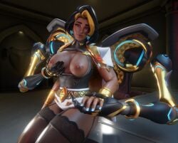 big_breasts black_hair blue_nails breasts breasts_out brown_eyes dark-skinned_female dark_skin domina dominant_female eye_contact female female_only huge_breasts jewelry makeup mechanical_arm mechanical_arms nipples nude nude_female overwatch overwatch_2 robotic_arm robotic_arms simple_background tagme zen_art